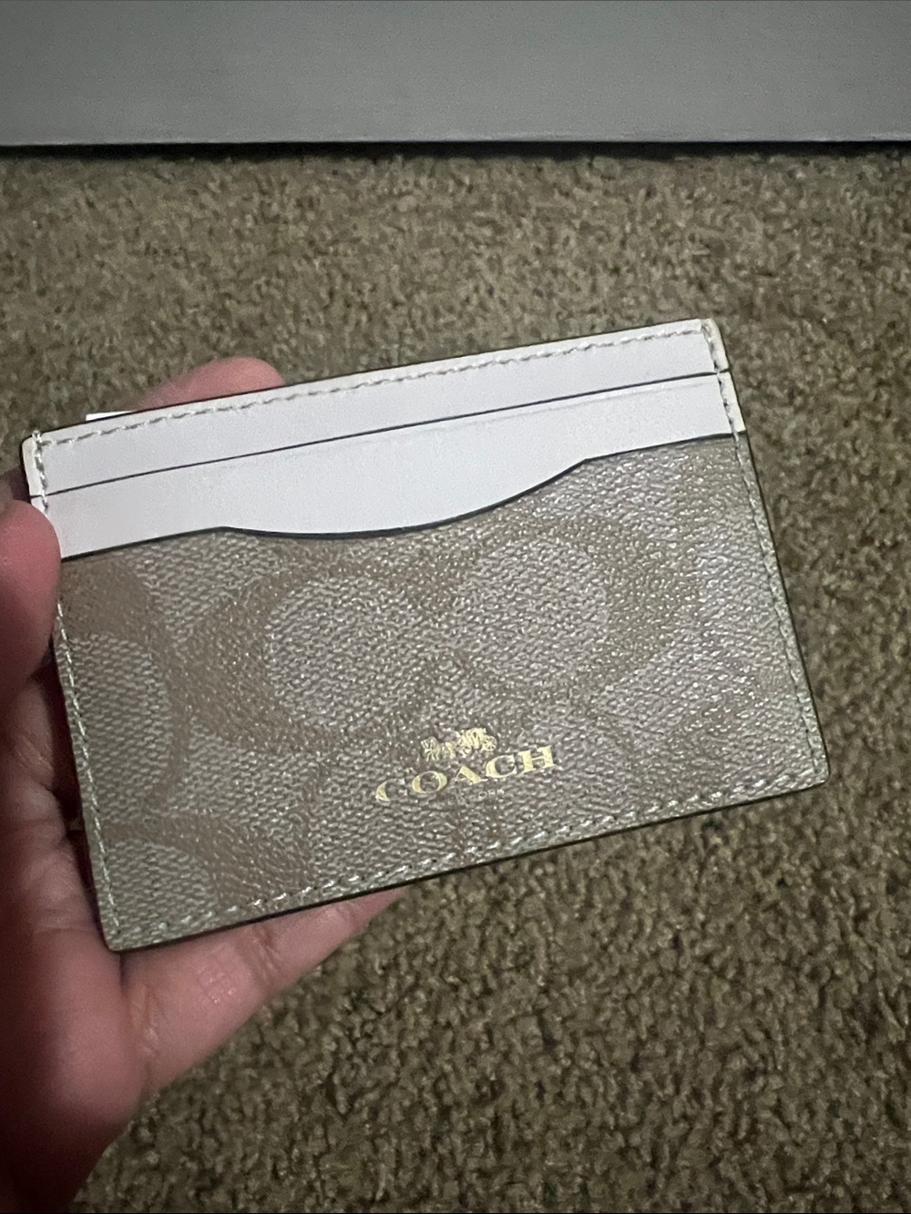 Coach Signature Card Holder in Khaki and White with Gold Logo